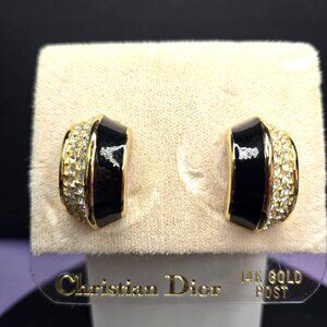 Vintage Christian Dior Gold Black Enamel Rhinestone Stud Earrings New